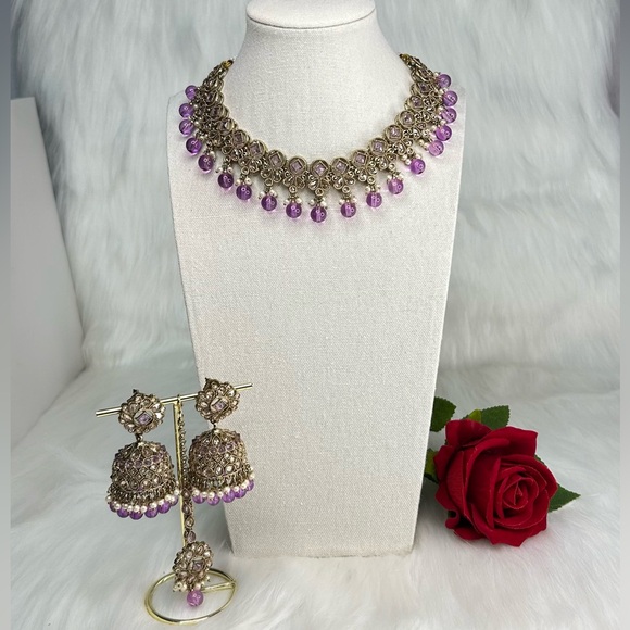 Beautiful Lavender Gold Polki Necklace With Jhumka & Tikka Set - Picture 6 of 10